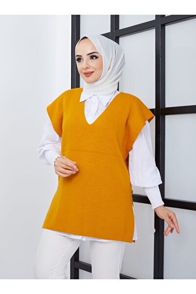SAHRA BUTİK Sahra Butik - Mustard V-Neck Knitwear Sweater