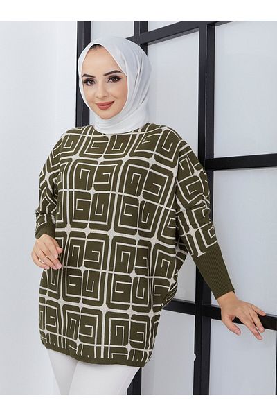 SAHRA BUTİK Πλεκτό χιτώνα με σχέδια - Χακί - Sahra Boutique