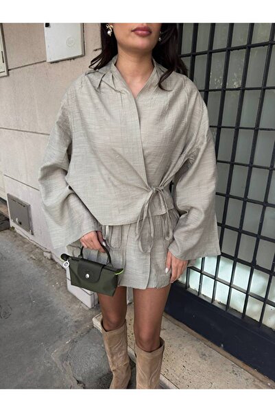 Stil Sepeti Women's Gray Linen Laced Kimono Balloon Skirt Suit with Mini Shorts Tl- 100085300