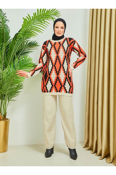 SAHRA BUTİK Stone Color Zigzag Patterned Knitwear Trousers Set - Sahra Boutique