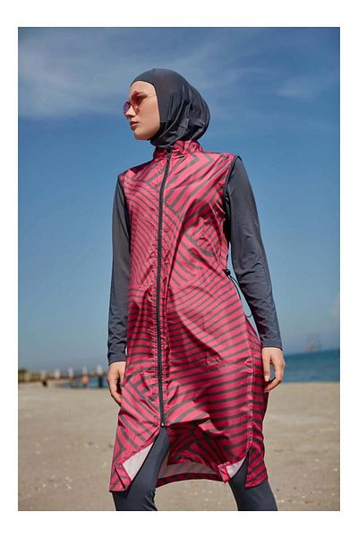 MAYOU Abstract Patterned Hijab Swimsuit with Lycra Sleeves – Anthracite Fuchsia - Mayou