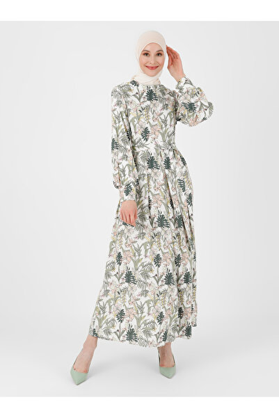 Refka Natural Fabric Floral Patterned Dress - Green Ecru -