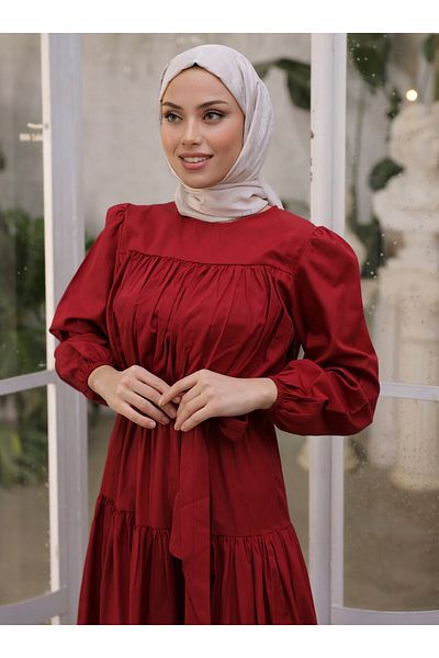 SAHRA BUTİK Φόρεμα με μπορντό ζώνη - SAHRA BUTIK με ελαστική μέση και μπροστινό πλισέ