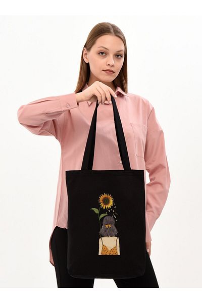 Çınar Bez Çanta Geantă neagră pentru fete - Geantă din pânză cu floarea soarelui Çınar