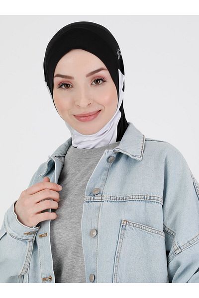 Ecardin Black and White Colored Athletic Sports Hijab Turban Bonnet