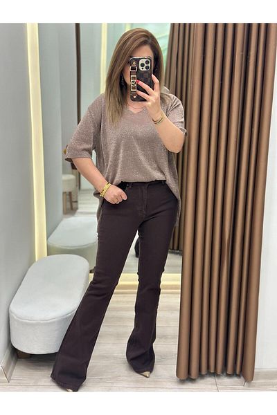 MELTEM TUĞAN High Waist Lycra Flared Jeans Brown
