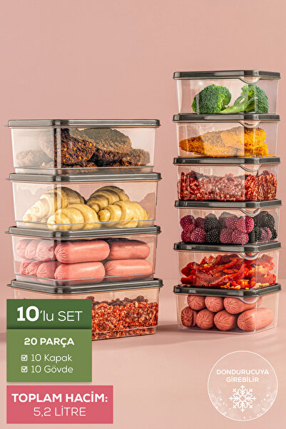 Vienev 10'lu Buzdolabı Düzenleyici Organizer Mikrodalgaya Uygun Difriz Saklama Kabı Gri