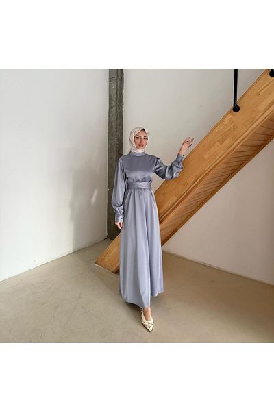 Aranlı tekstil Σατέν Φόρεμα Hijab με μανσέτες σε γραμμή Α με ζωσμένο ζωνάκι