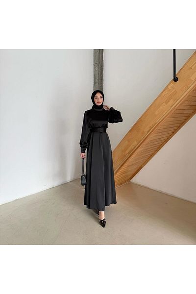 Aranlı tekstil Σατέν Φόρεμα Hijab με μανσέτες σε γραμμή Α με ζωσμένο ζωνάκι