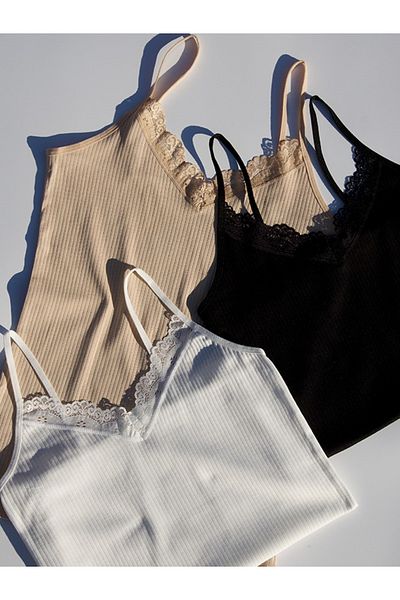 VicTroy Lacy 3-Piece Rope Strap Cream, Black and Skin Corded Women's Undershirt