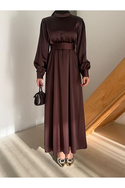 Aranlı tekstil Σατέν Φόρεμα Hijab με μανσέτες σε γραμμή Α με ζωσμένο ζωνάκι