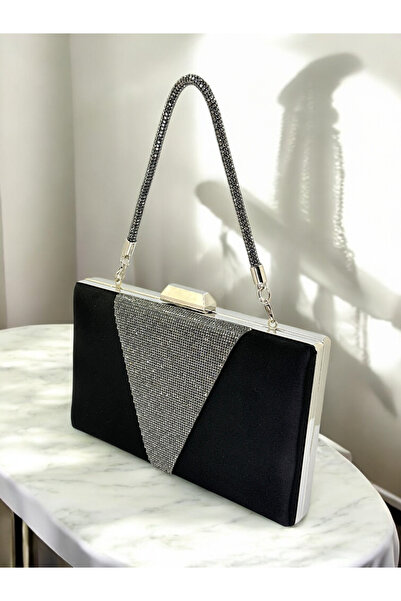 Biçanta Culoare Neagră Satin Culoare Platină Cristal Piatră Mâner Geantă Roch...