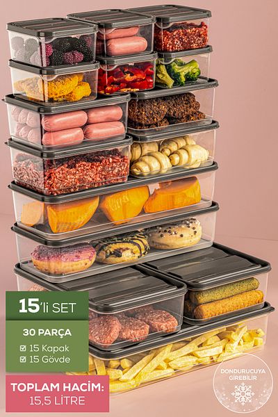 Vienev 15 Pieces Gray Microwavable Refrigerator Organizer - Freeze Storage Container