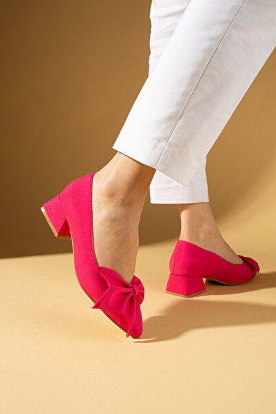 Pembe Potin Fuchsia Satin Bow Low Heel Graduation Office Classic Heeled Stiletto Shoes