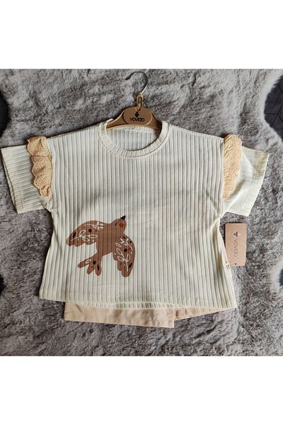 vovido Vovi̇do 2-3/3-4/4-5/5-6 Years Old Seagull Printed Embroidered Sleeve Girl's Bottom Top Short Skirt Suit