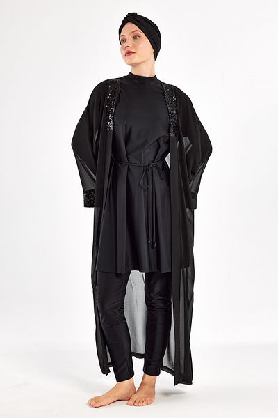 Adasea 3-Piece Pareo Design Lycra Full Covered Hijab Swimsuit Jorıe 1132 Black