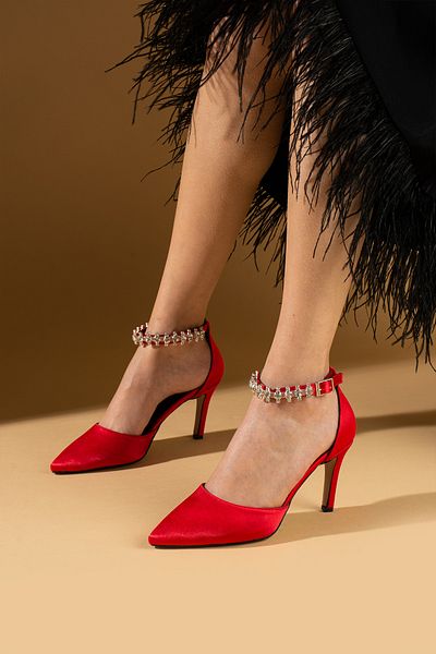 Pembe Potin Red Satin Stone Banded Graduation Office Evening Dress Night Stylish Heeled Shoes