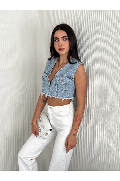 gozdefashion Kadın Tiftikli Tek Düğmeli Kot Yelek