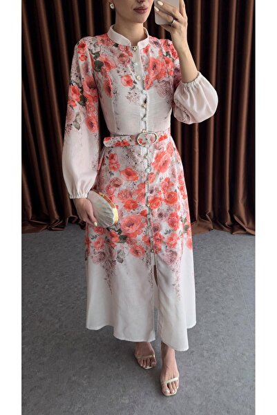 HAZELANNA Gül Desenli Kemerli Elbise