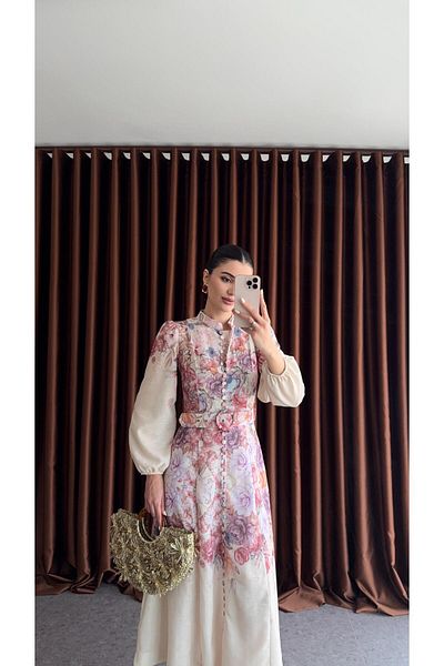HAZELANNA Rochie cu curea cu modele de grădină de trandafiri pastel