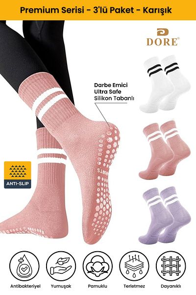 Dore Unisex κάλτσες Pilates και Yoga Λευκές, Ροζ, Λιλά - 3 ζευγάρια αντιολισθητικές