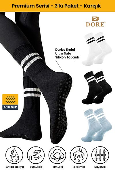 Dore Unisex 3 ζευγάρια αντιολισθητικές κάλτσες Pilates & Yoga Back Wing Λευκό-Μαύρο-Μπλε