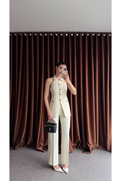 HAZELANNA مجموعة سترة وسروال ذات ياقة رسن باللون الأصفر الفاتح