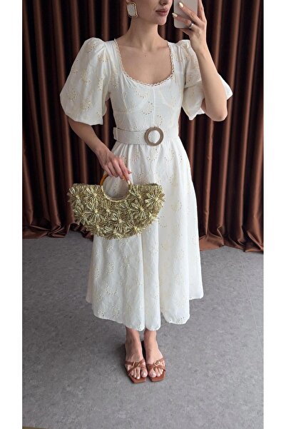 HAZELANNA Brode Detaylı Kemerli Beyaz Elbise