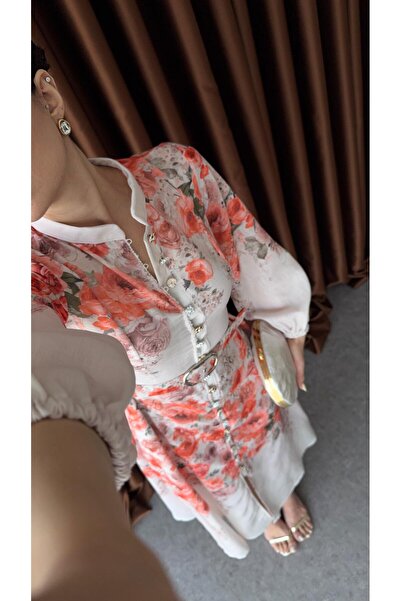 HAZELANNA Gül Desenli Kemerli Elbise