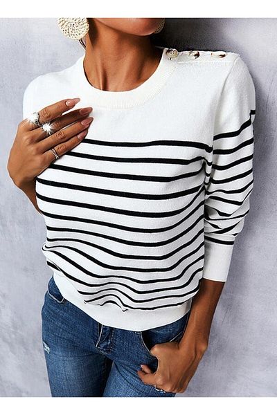 MRA Fashion Women's Long Sleeve Shoulder Button Detail Striped Knitwear Sweater