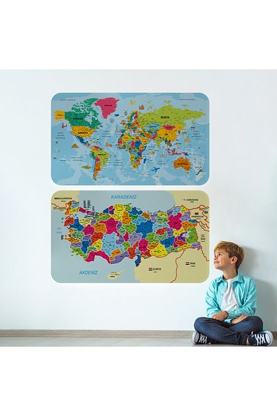 Harita Sepeti Educational and Instructional World and Turkey Map Children's Room Wall Sticker-3882