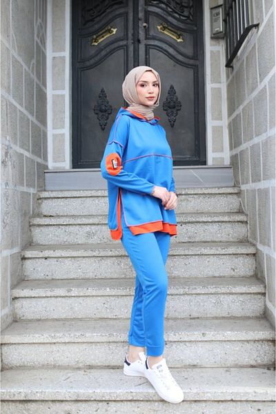 COTTONLAB Γυναικεία Indigo Hoodie Hemline Detail Crest Αντεστραμμένη Ραφή Διπλό Σετ με Gorunum