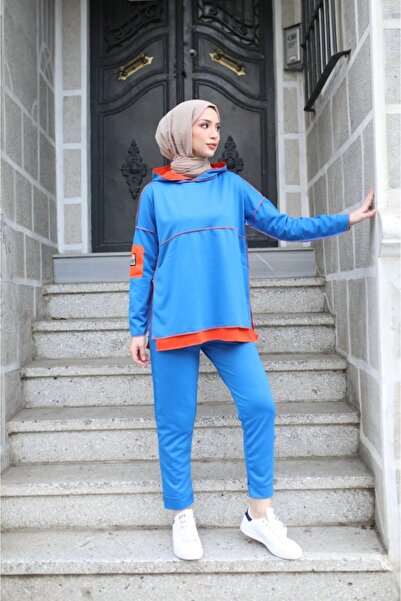 My Reality Fashion Women's Indigo Hooded Double Suit with Hem Detail and Reverse Stitching