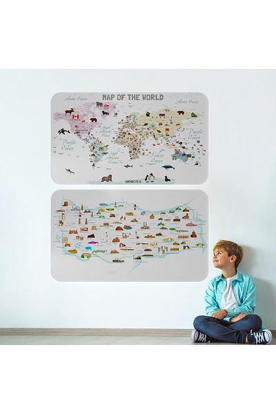 Harita Sepeti Educational Tutorial World And Turkey Map Children's Room Wall Sticker-3884