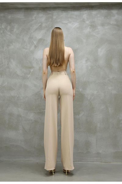 Sea Queen Women's Beige High Waist Palazzo Fabric Trousers