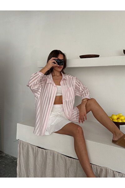 Lusin Γυναικείο διαφανές πουκάμισο ροζ ριγέ υψηλής ποιότητας