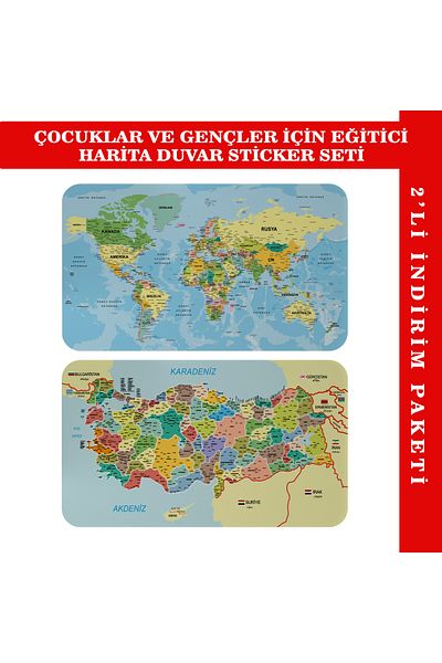 Harita Sepeti Educational Tutorial World And Turkey Map Children's Room Wall Sticker-3888
