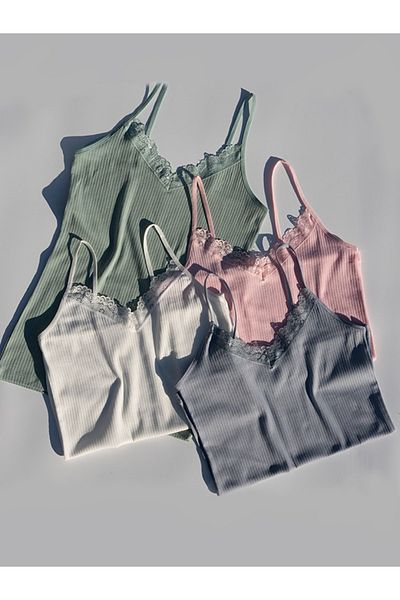VicTroy Lacy 4-Piece Rope Strap Green, Blue, Ecru and Pink Modern Ribbed Women's Undershirt