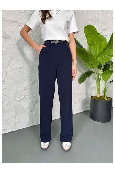 Elif Özbey Butik Navy Blue Double Pleated Belted Trousers