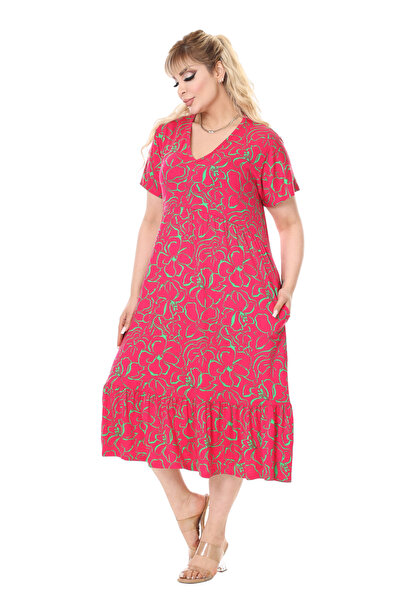 MELSAY Γυναικείο φούξια φλοράλ φόρεμα με κοντό μανίκι με λαιμόκοψη σε σχήμα V