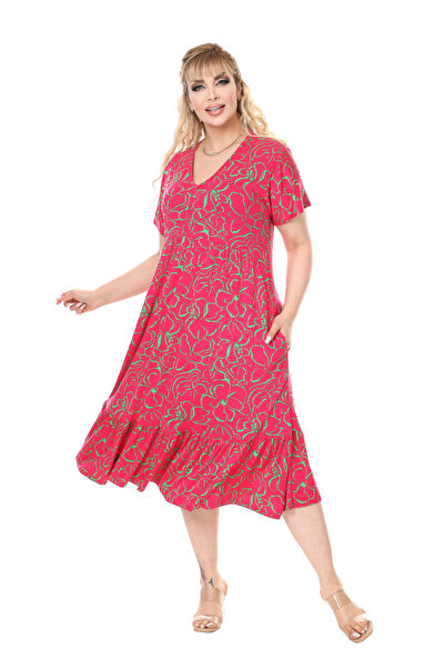 MELSAY Γυναικείο φούξια φλοράλ φόρεμα με κοντό μανίκι με λαιμόκοψη σε σχήμα V