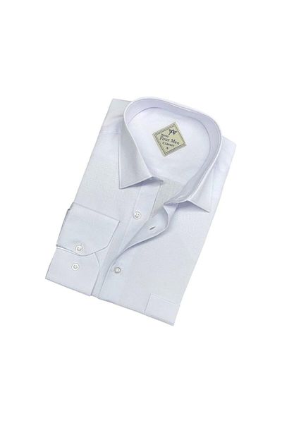 EREN STYLE Cămașă albă pentru bărbați din bumbac cu mâneci lungi din țesătură tip fagure (REGULAR FIT)