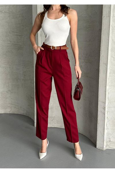 MetuCA Women's High Waist Straight Carrot Cut Pleated Belted Fabric Pants