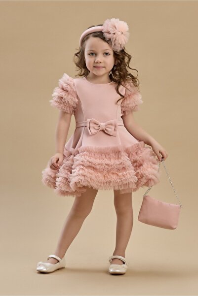 SIRRI Kız Çocuk Somon Tüllü Fırfırlı Abiye Elbise  (1-6 Yaş)