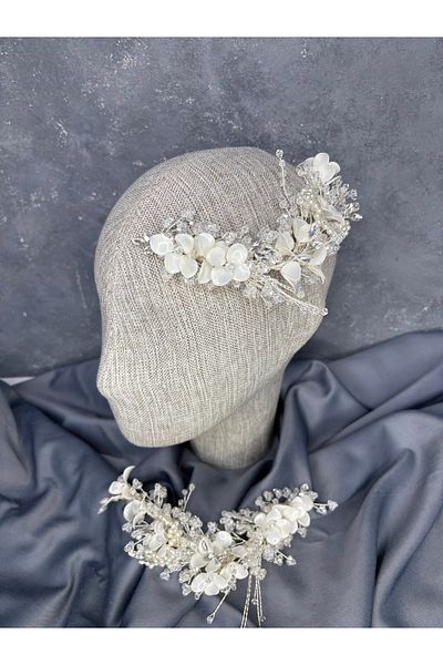 Hayalperest boncuk Verdage Intensely Embroidered Pearlescent Crystal 2 Piece Bridal Crown Hair Accessory