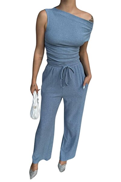 Moda Amore Жіночий літній комплект - модна блуза з асиметричним коміром і штани