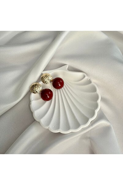 Butik Çelik Gold Bordo Top Taşlı Küpe