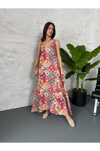 Elif Özbey Butik Rochie imprimată cu bretele cu modele colorate