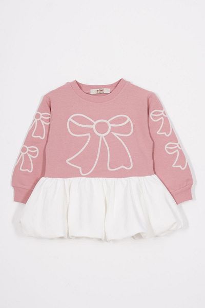 zepkids Crew Neck Bow Detailed Balloon Skirt Dusty Rose Color Girls Skirt Dress