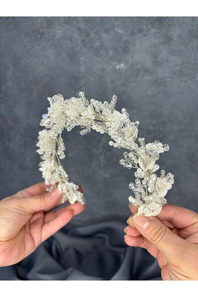 Hayalperest boncuk Detra Intensely Embroidered Pearlescent Crystal Bridal Crown Hair Accessory